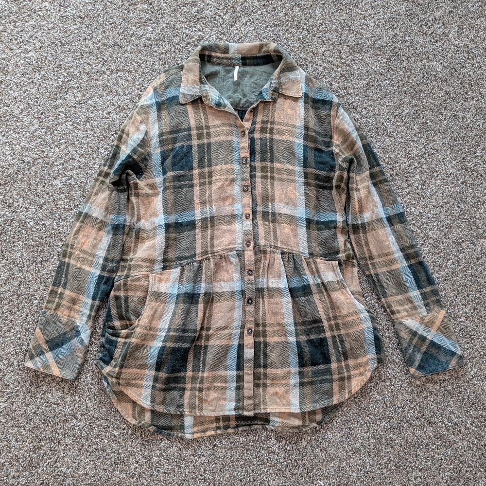 Free People Plaid Button-Down Shirt in Tan, Blue, Black
